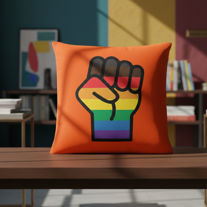 BLM LGBT Resist Pillow with raised rainbow fist on a table, bold against geometric-patterned walls
