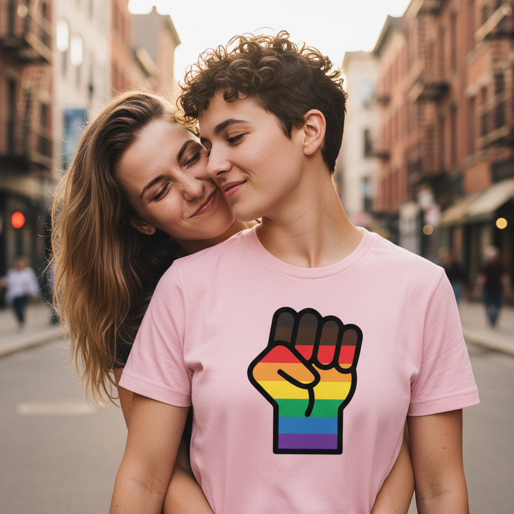 BLM LGBT Resist T-shirt with bold rainbow fist graphic; two people smiling together on a city street, brick buildings behind