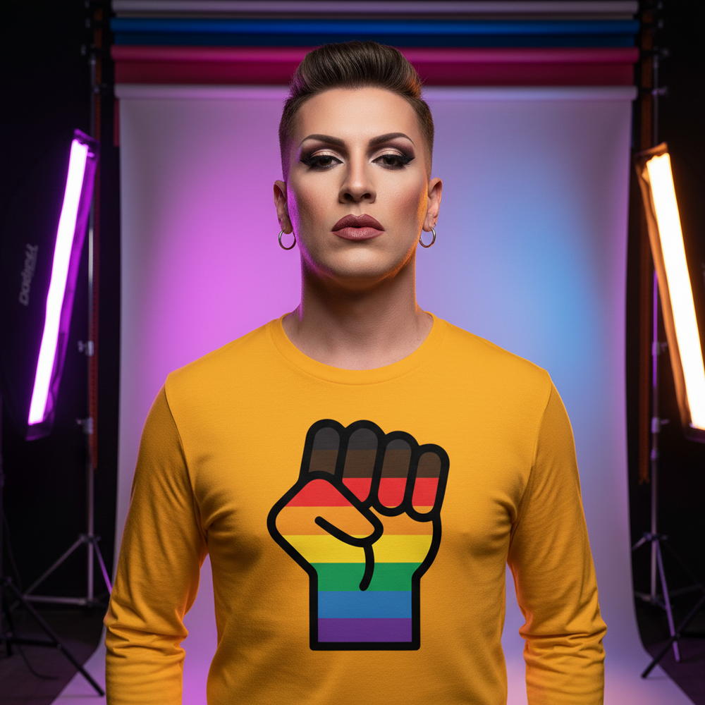 BLM LGBT Resist Unisex Long Sleeve T-Shirt with a rainbow raised fist; model, bold makeup, vibrant backdrop