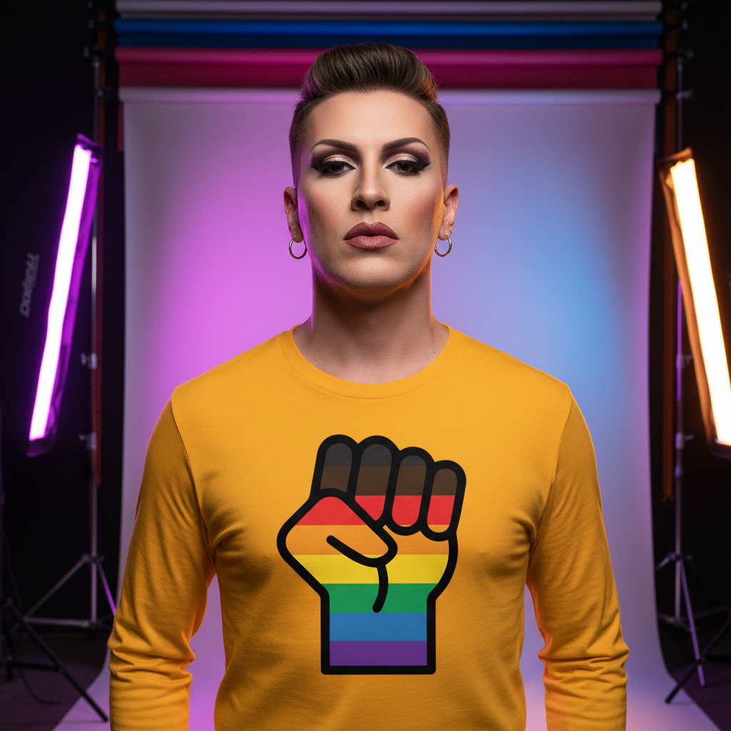 BLM LGBT Resist Unisex Long Sleeve T-Shirt with a rainbow raised fist; model, bold makeup, vibrant backdrop