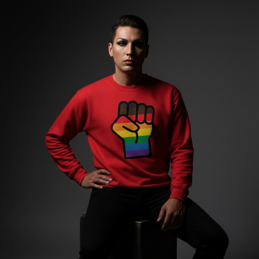 Model seated wearing a red sweatshirt with a rainbow-striped raised-fist graphic