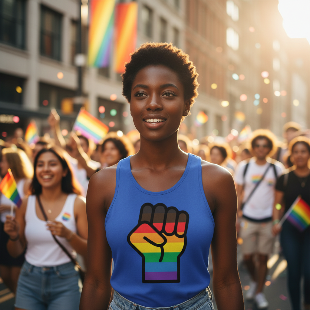 BLM LGBT Resist Unisex Tank Top with a rainbow raised fist, worn by a smiling person at Pride