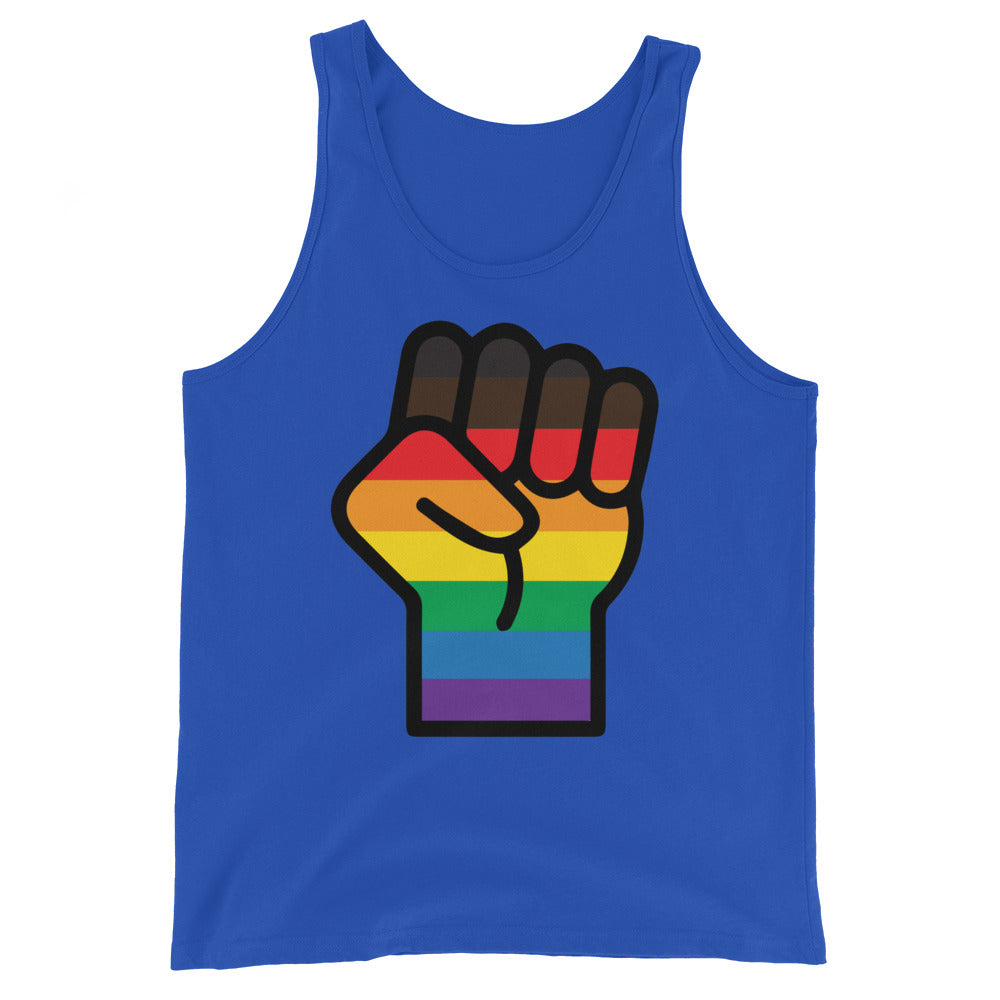 Unisex tank top showing a raised fist with rainbow stripes, repping LGBTQ+ and BLM unity—perfect for bold