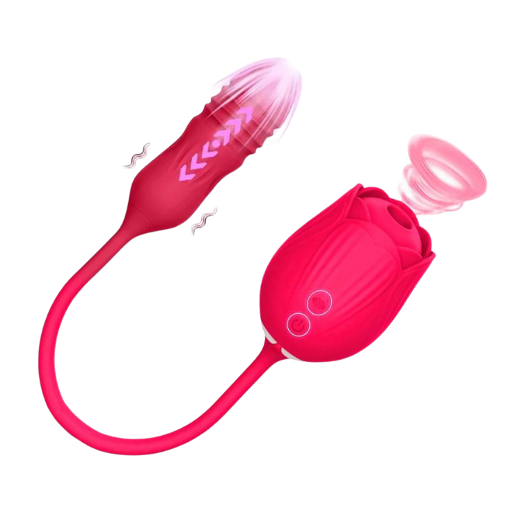 Pink rose-shaped clitoral suction toy with a connected bullet vibrator on a white background