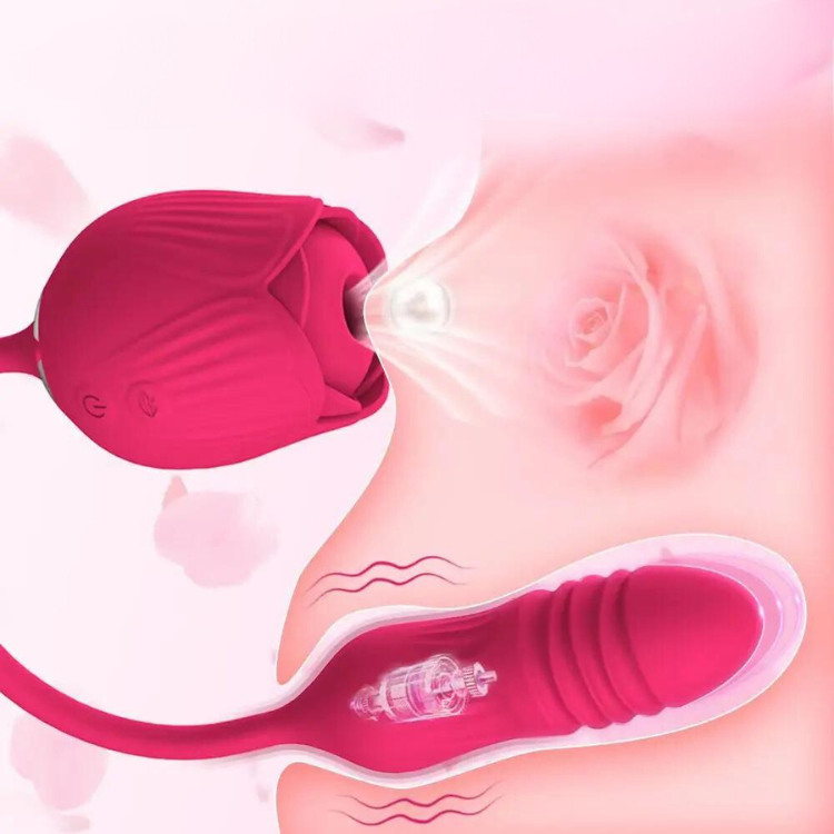 Pink rose-shaped clitoral sucker shown beside a matching internal vibrator illustration