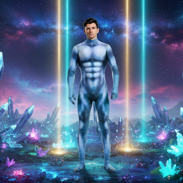 Person modeling a blue-gray, skin-tight alien bodysuit with a narrow tail in a glowing crystal landscape