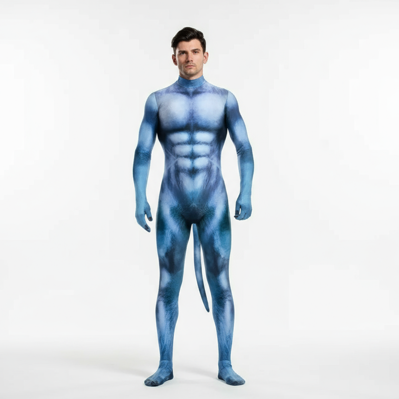 Front-facing model wearing a blue full-body alien bodysuit with a printed muscular torso and tail