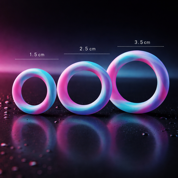 Three pastel silicone penis rings displayed upright, labeled 1.5 cm, 2.5 cm, and 3.5 cm