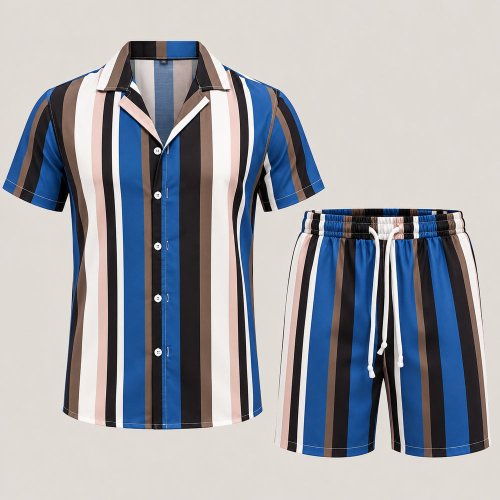 Blue, black, white and taupe striped short-sleeve shirt and matching shorts displayed side by side.