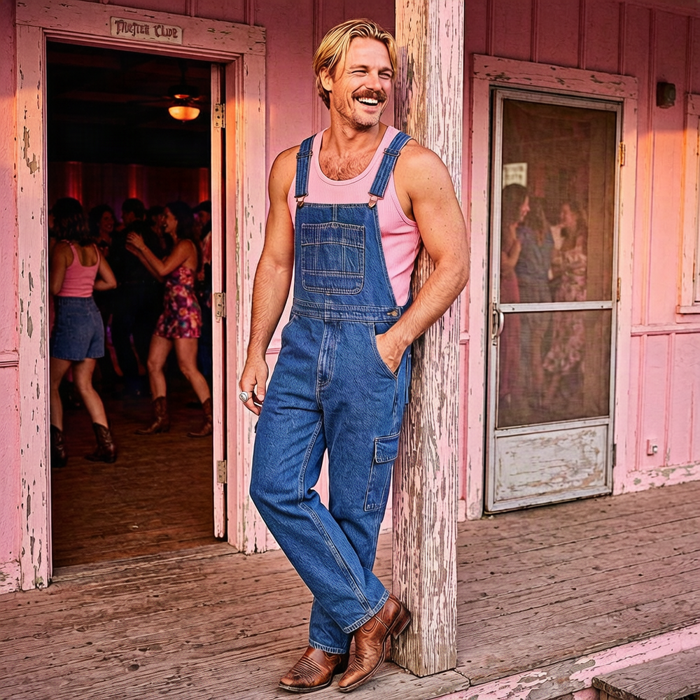 Blue Collar Heartbreaker Denim Overalls styled in a pink fashion editorial