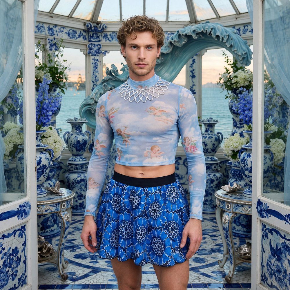 Model wearing the blue floral vintage skirt with white outlined flowers, a wide black waistband and a short flared hem, styled in a blue-and-white porcelain conservatory.