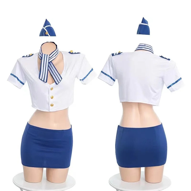 Iconic Toxic Flight Attendant Costume: front and rear flat-lay views of the white cropped shirt, blue skirt and matching hat.