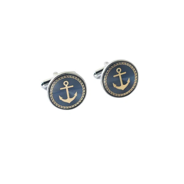 Pair of navy-blue round anchor cufflinks with gold Greek-key borders on white