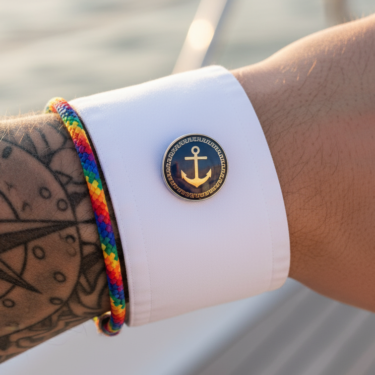 Close-up of a white shirt cuff with a round gold anchor cufflink on a tattooed wrist