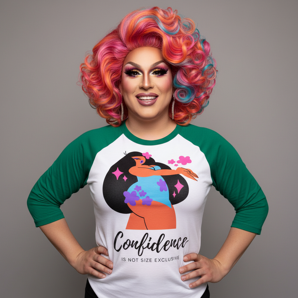 Body Confidence 3/4 Sleeve Raglan Shirt in green with a confident person graphic and “Confidence is not size exclusive”