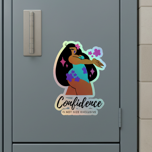 Holographic sticker on a gray locker shows a dancing person and reads “Confidence Is Not Size Exclusive.”