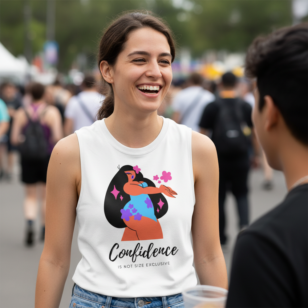 Body Confidence Muscle Top: sleeveless white tee, bold illustrated person, flowers