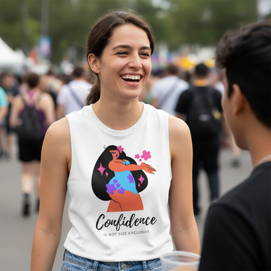 Body Confidence Muscle Top: sleeveless white tee, bold illustrated person, flowers
