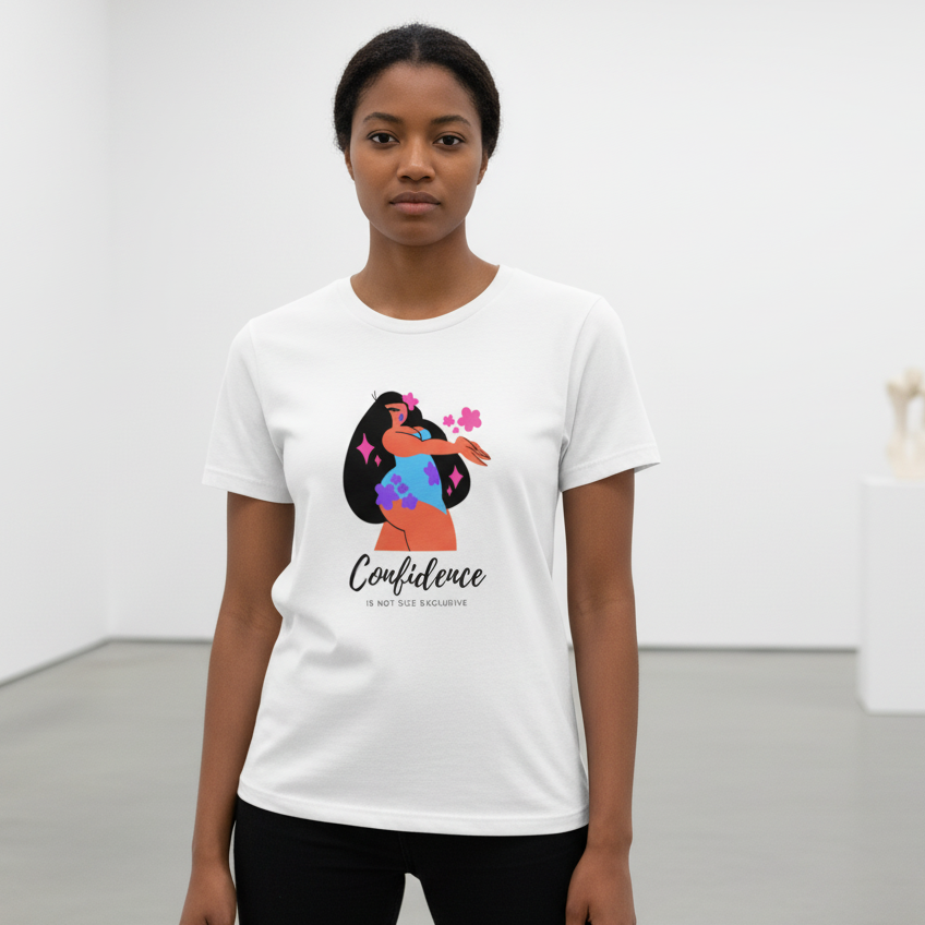 Body Confidence T-Shirt, soft cotton, features a bold femme graphic with flowing hair and flowers