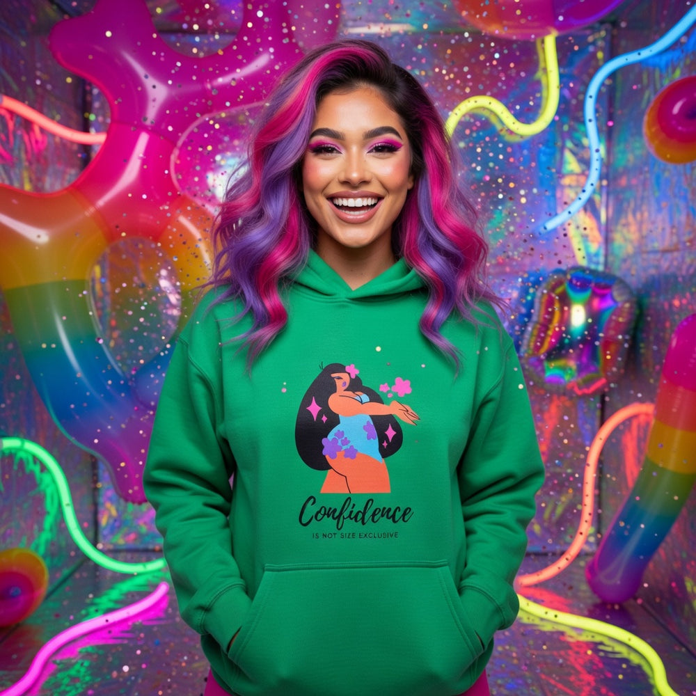 Body Confidence Unisex Hoodie with “Confidence is not size exclusive,” worn by a femme with pink and purple hair