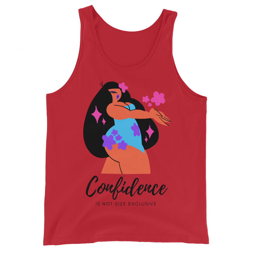 Red unisex Pride tank top with a bold slogan: "Confidence is not size exclusive," featuring a femme in blue, purple flowers