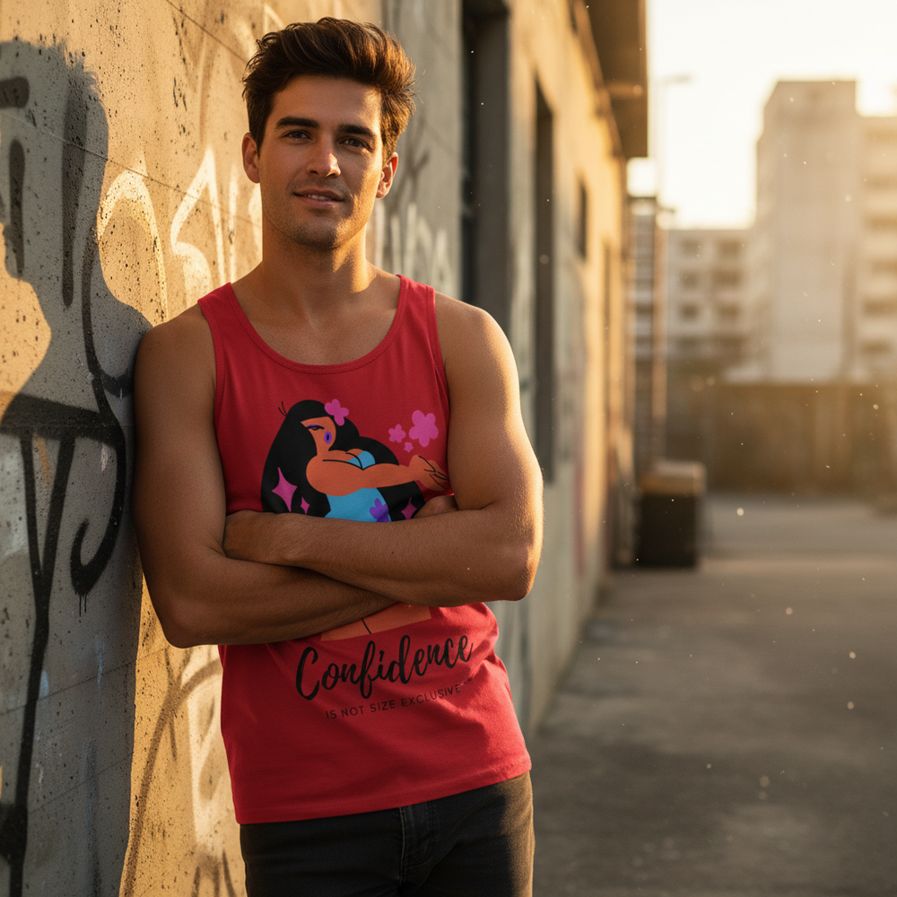 Body Confidence Unisex Tank Top, bold and colorful for Pride, worn by a person with crossed arms; graffiti wall, sunset city