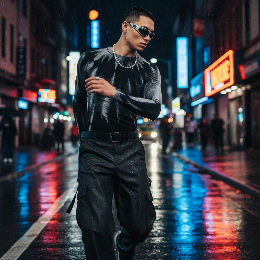 Model wearing a fitted black long-sleeve shirt on a rainy neon-lit street