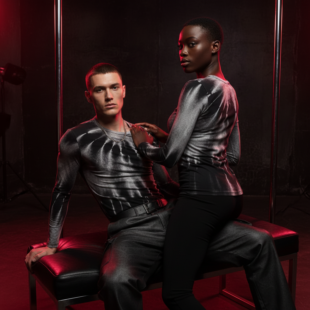 Two models in a dark metallic long-sleeve shirt scene with red studio lighting