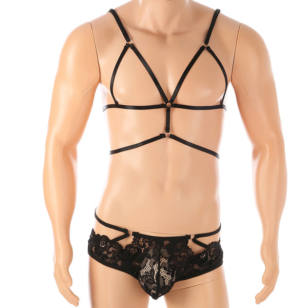 Front view of a mannequin wearing a black strappy harness and floral lace briefs