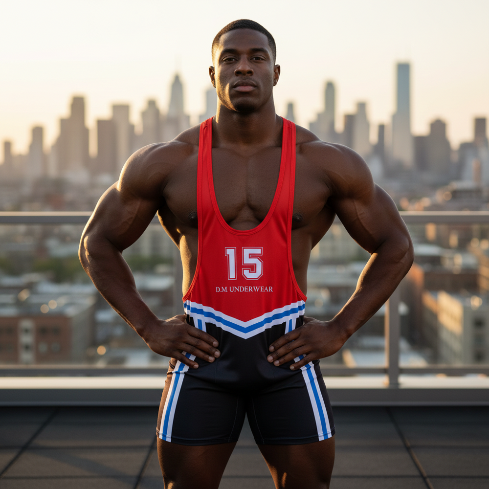 BodyCon tight stretch bodysuit in red and black with "15" worn by a muscular man, posing confidently on a rooftop at sunset.