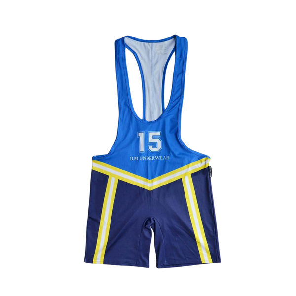 Front view of a blue wrestling singlet with yellow stripes, number 15, and long shorts