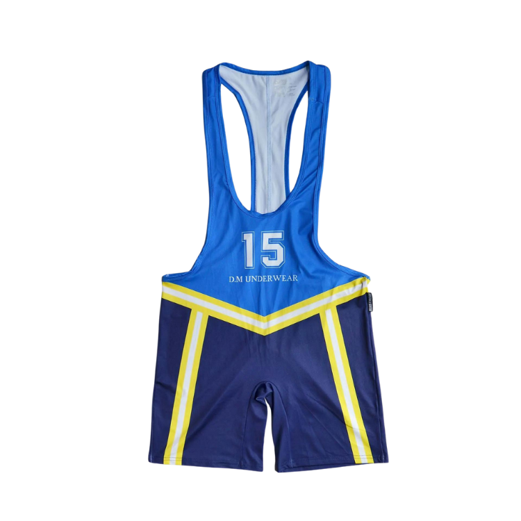 Front view of a blue wrestling singlet with yellow stripes, number 15, and long shorts