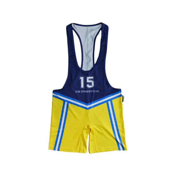 Front view of a navy and yellow wrestling singlet with blue-and-white stripes, number 15, and lettering
