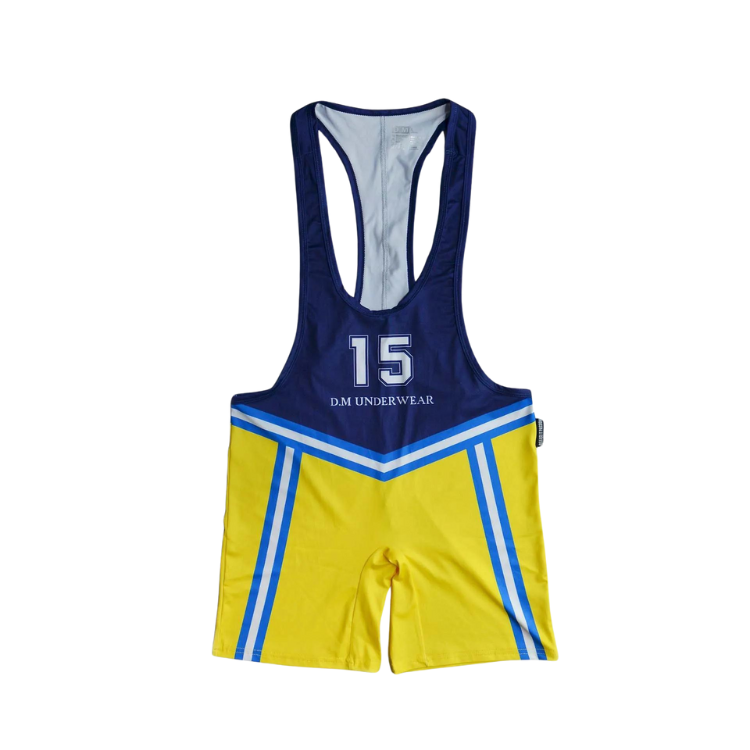 Front view of a navy and yellow wrestling singlet with blue-and-white stripes, number 15, and lettering