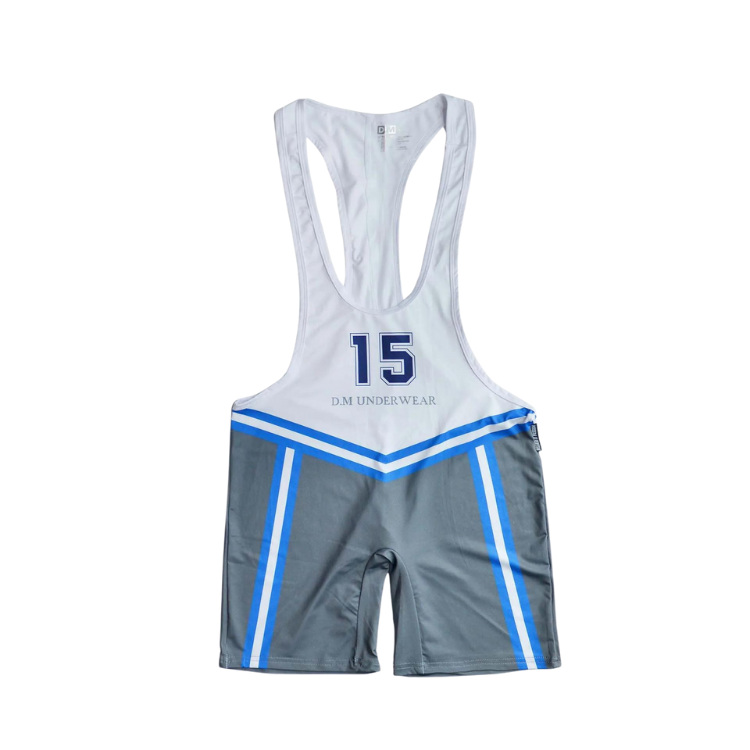 Front view of a gray-and-white wrestling singlet with blue stripes and number 15