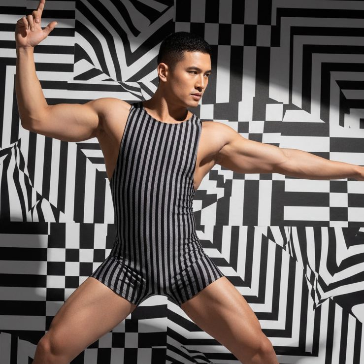 Bodyline Perfection Striped Undershirt Leotard on a muscular person, arms up, legs apart