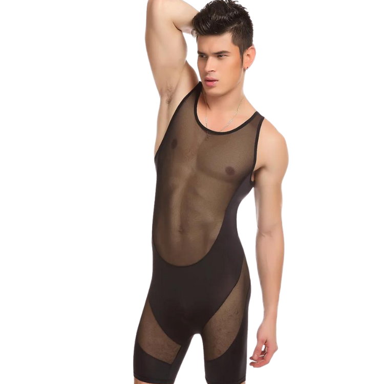 Front-view model wearing a black sheer mesh compression bodysuit