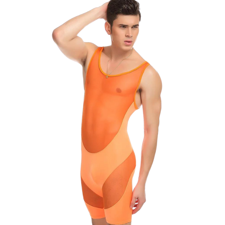 Front three-quarter view of a person wearing an orange sheer mesh bodysuit with cutout sides