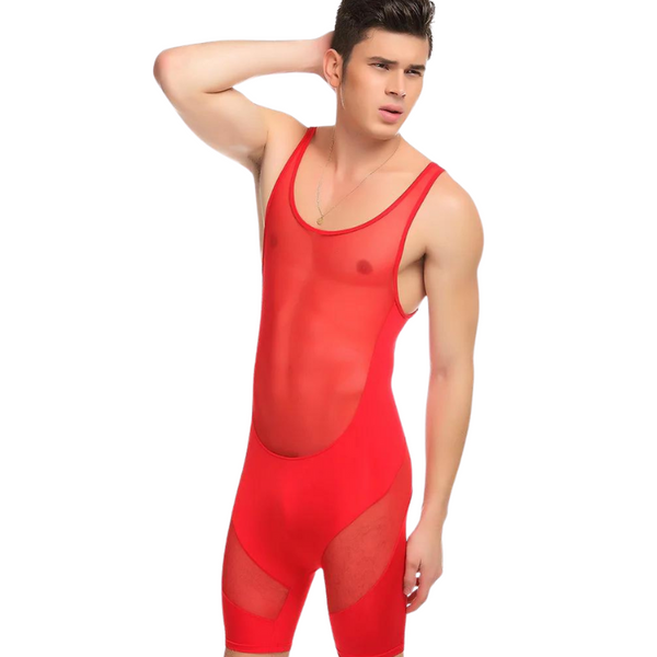 Front-view model wearing a red sheer mesh compression bodysuit with shorts-length legs