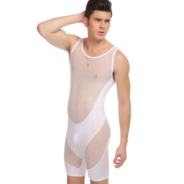 Front three-quarter view of a person modeling a sheer white mesh shaping bodysuit