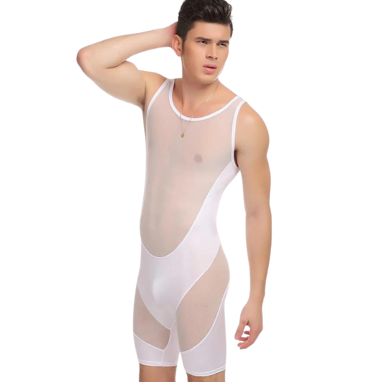 Front three-quarter view of a person modeling a sheer white mesh shaping bodysuit