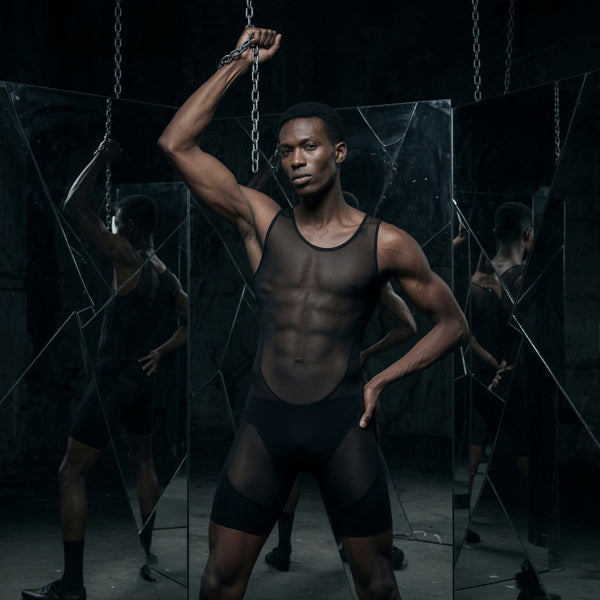 Front-facing model wears a sheer black mesh shapewear bodysuit in a mirrored room