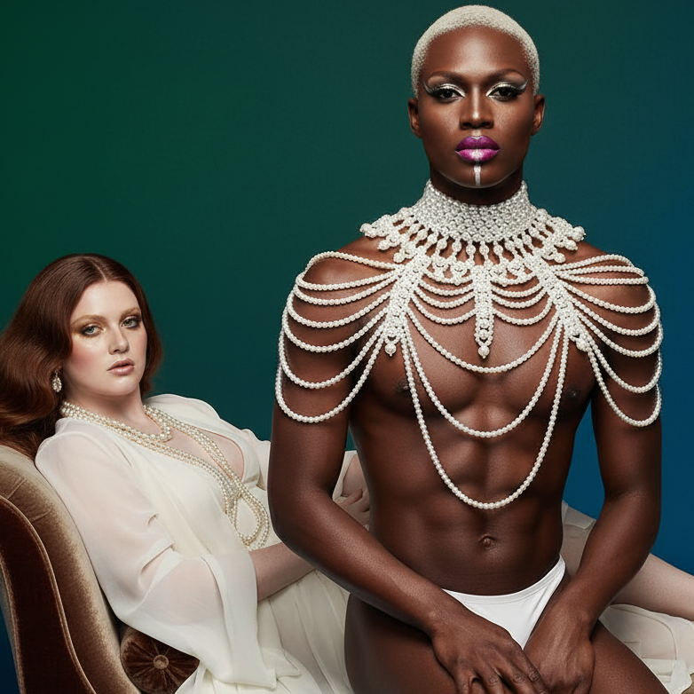 Two models pose indoors; a model wears a pearl harness over white briefs.