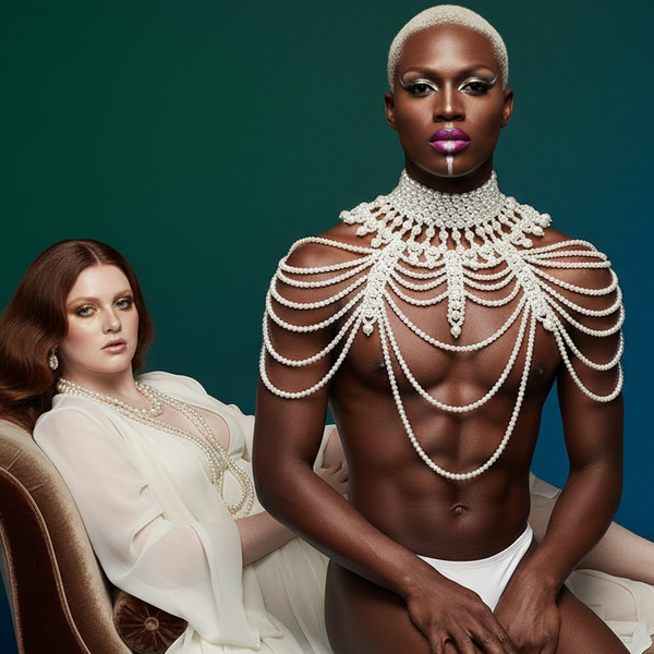 Two models pose indoors; a model wears a pearl harness over white briefs.