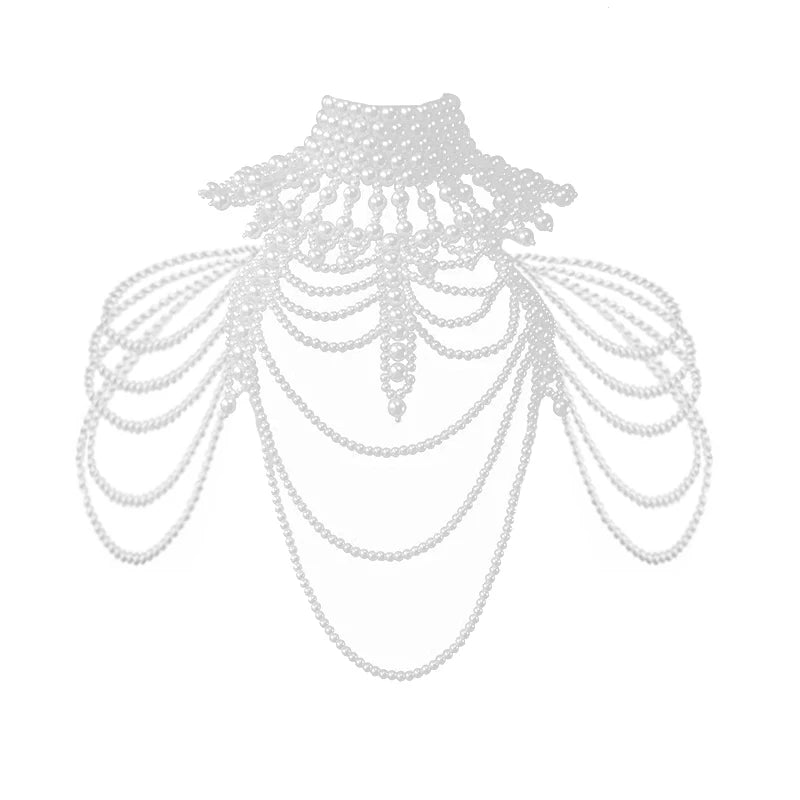 White pearl-bead harness with layered chest chains and draped shoulder strands