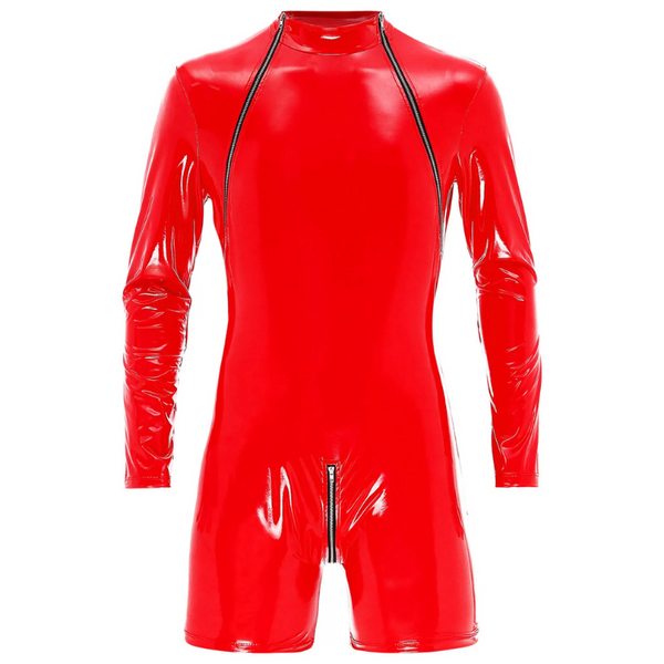 Front view of a red glossy long-sleeve bodysuit with black zippers and a front crotch zipper