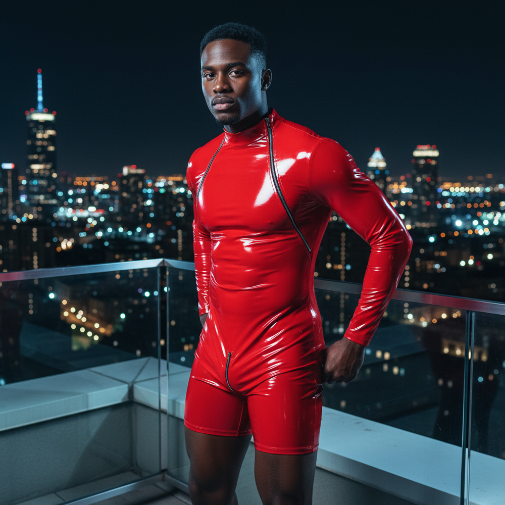 Bold & Sleek Wetlook Fantasy Suit poses on a lit rooftop at night, city skyline glowing behind, hand on hip