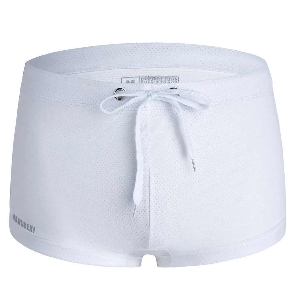Front close-up of white mesh swim trunks with a drawstring, grommets, and small side text