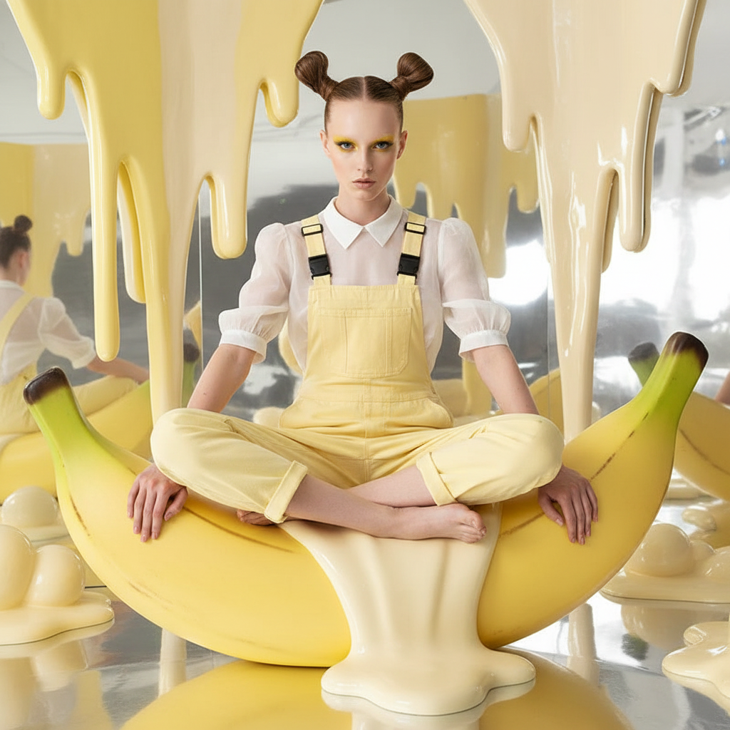 Model in pale yellow overalls and sheer blouse sits cross-legged on a giant banana prop.