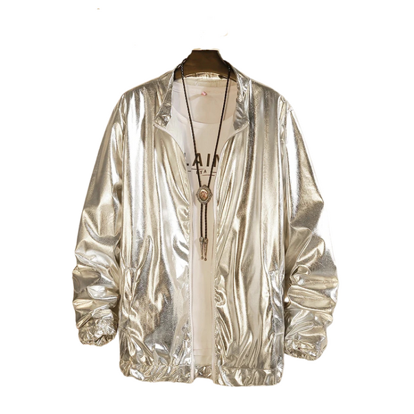 Front-facing metallic silver jacket displayed on a hanger over a white shirt